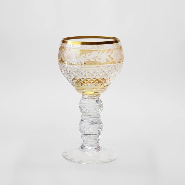 Antique Bohemian Multicolored Floral Cut to Clear Crystal Stemmed Glasses - Set of 4 - 6