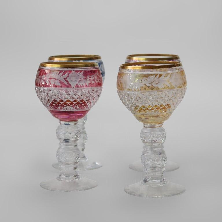 Antique Bohemian Multicolored Floral Cut to Clear Crystal Stemmed Glasses - Set of 4 - 7