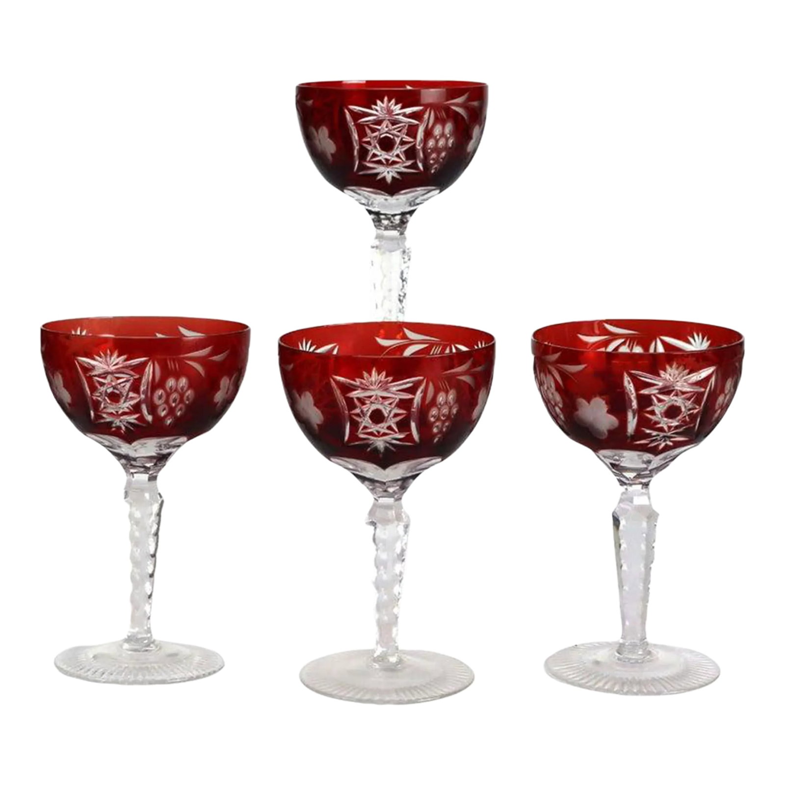 Antique Bohemian Cranberry Floral & Grape Cut to Clear Crystal Stemmed Goblets - Set of 4 (1 of 4)