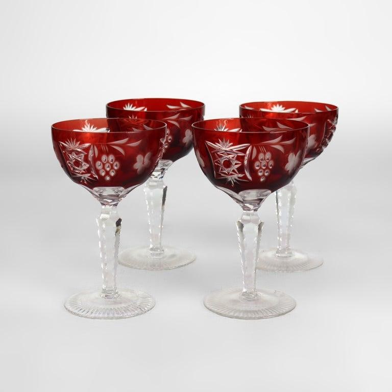 Antique Bohemian Cranberry Floral & Grape Cut to Clear Crystal Stemmed Goblets - Set of 4 - 2