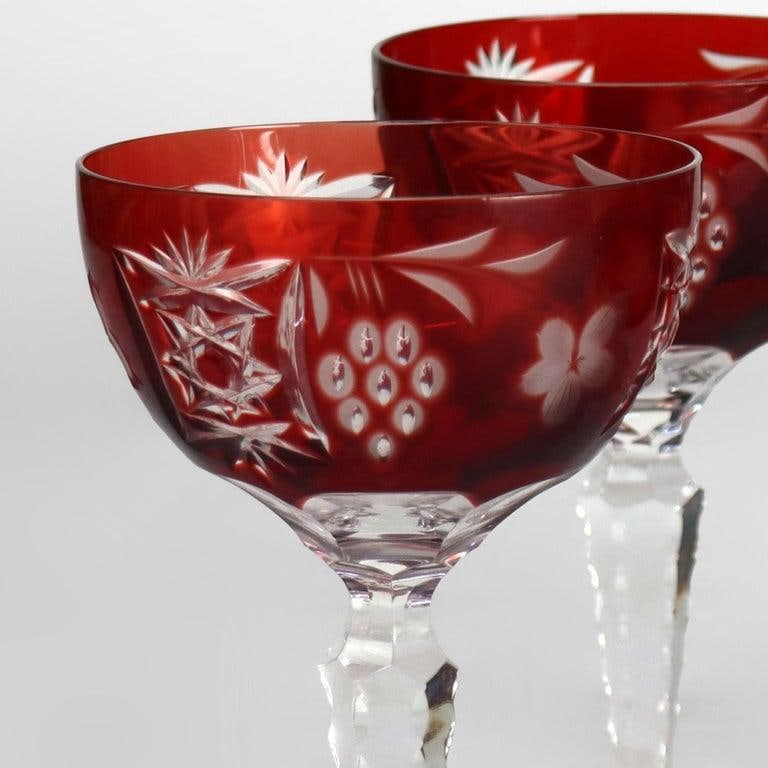 Antique Bohemian Cranberry Floral & Grape Cut to Clear Crystal Stemmed Goblets - Set of 4 - 3