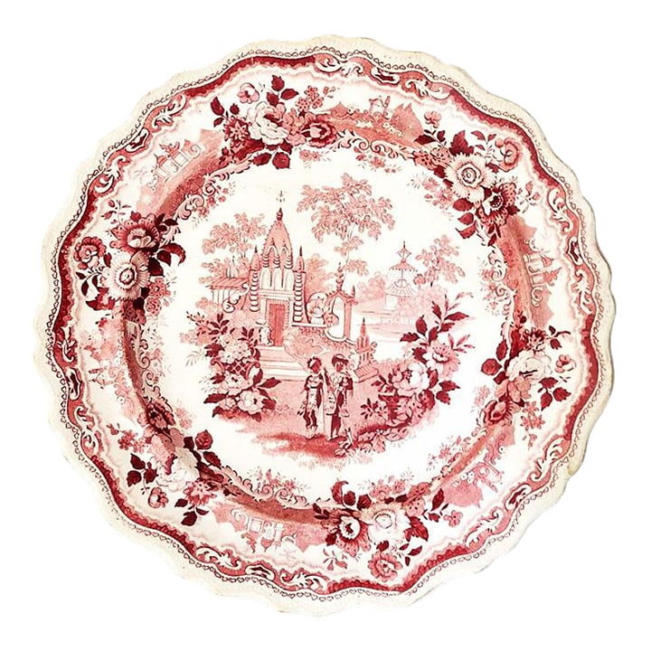 Antique William Adams & Sons Staffordshire Red Transferware Dinner Plate: This William Adams India #7 red transferware 10 1/8 inch plate from Staffordshire, dating back to the 1830s-1840s, is a rare antique piece of ceramic pottery with a vibrant red color and intricate