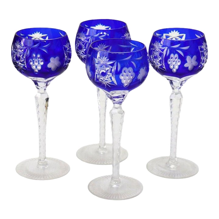 Four Antique Bohemian Cobalt Blue Floral & Grape Cut to Clear Crystal Goblets (1 of 6)