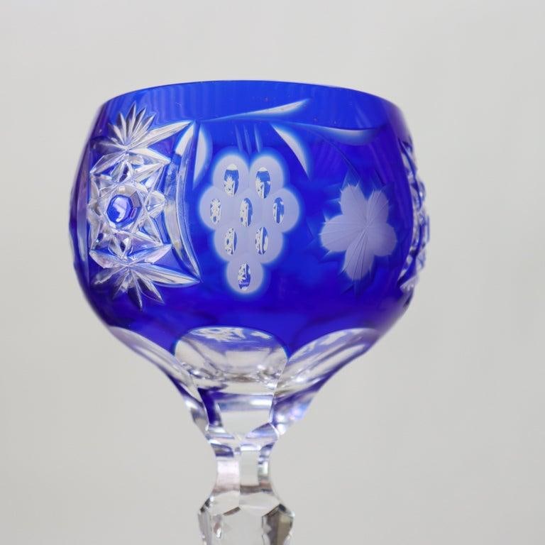 Four Antique Bohemian Cobalt Blue Floral & Grape Cut to Clear Crystal Goblets - 2