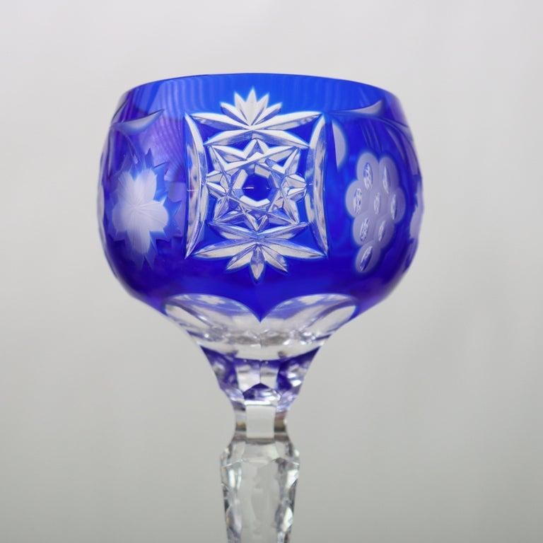 Four Antique Bohemian Cobalt Blue Floral & Grape Cut to Clear Crystal Goblets - 3
