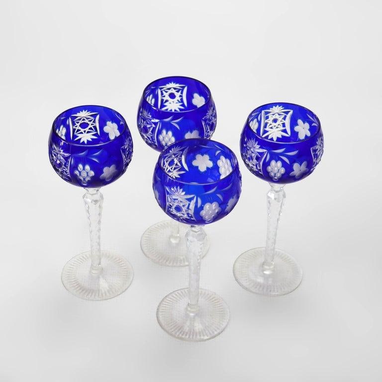 Four Antique Bohemian Cobalt Blue Floral & Grape Cut to Clear Crystal Goblets - 4