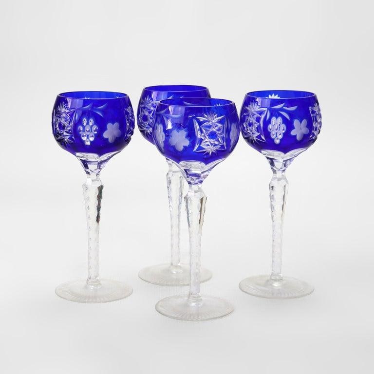 Four Antique Bohemian Cobalt Blue Floral & Grape Cut to Clear Crystal Goblets - 6