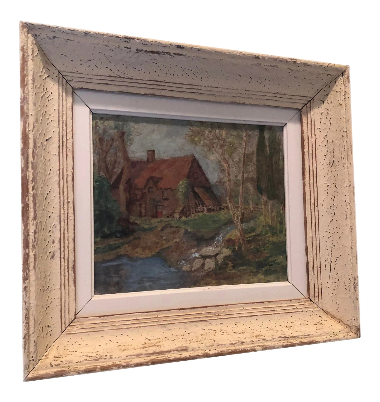 Vintage French Oil Painting Landscape Thatched Roof Cottage: A vintage French landscape oil painting with a thatched roof cottage in the woods near a stream. In a distressed wooden frame. Condition: Alterations: Original Condition Unaltered Imperfections: Some