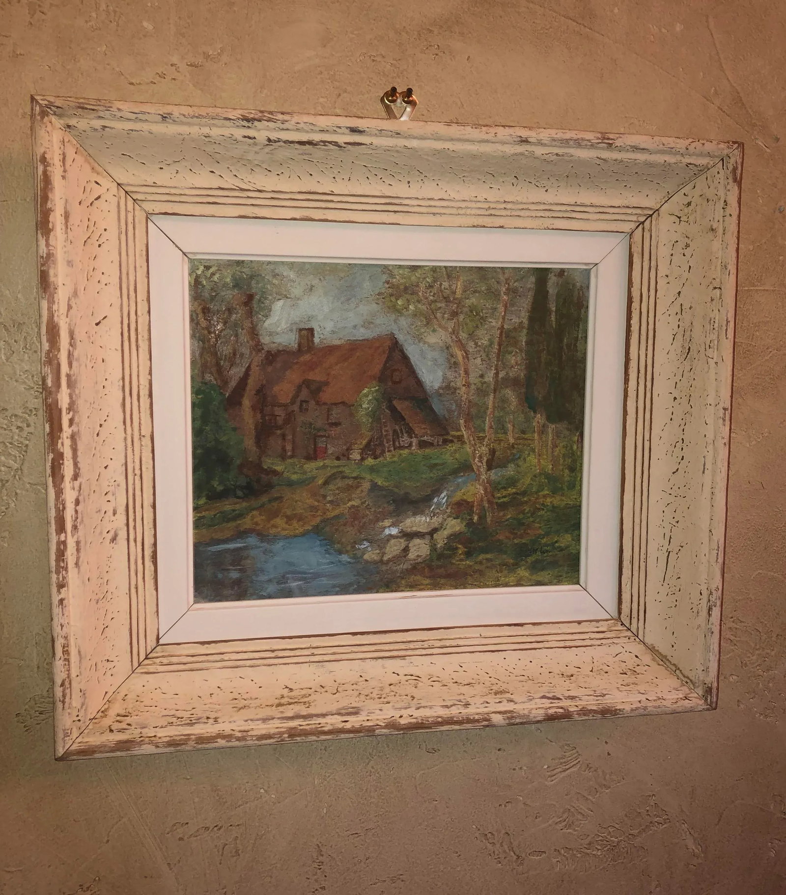 Vintage French Oil Painting Landscape Thatched Roof Cottage - 2