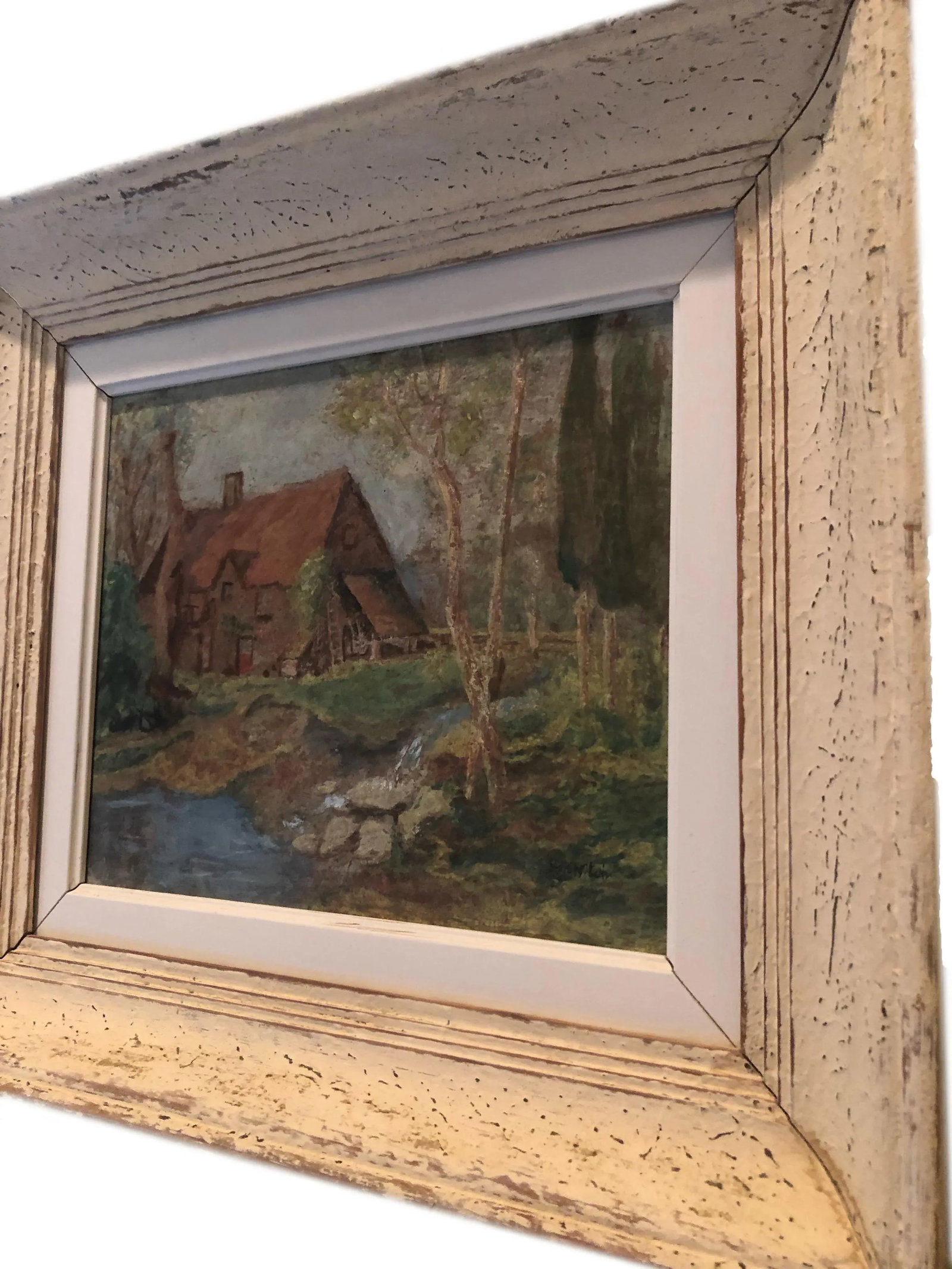 Vintage French Oil Painting Landscape Thatched Roof Cottage - 3