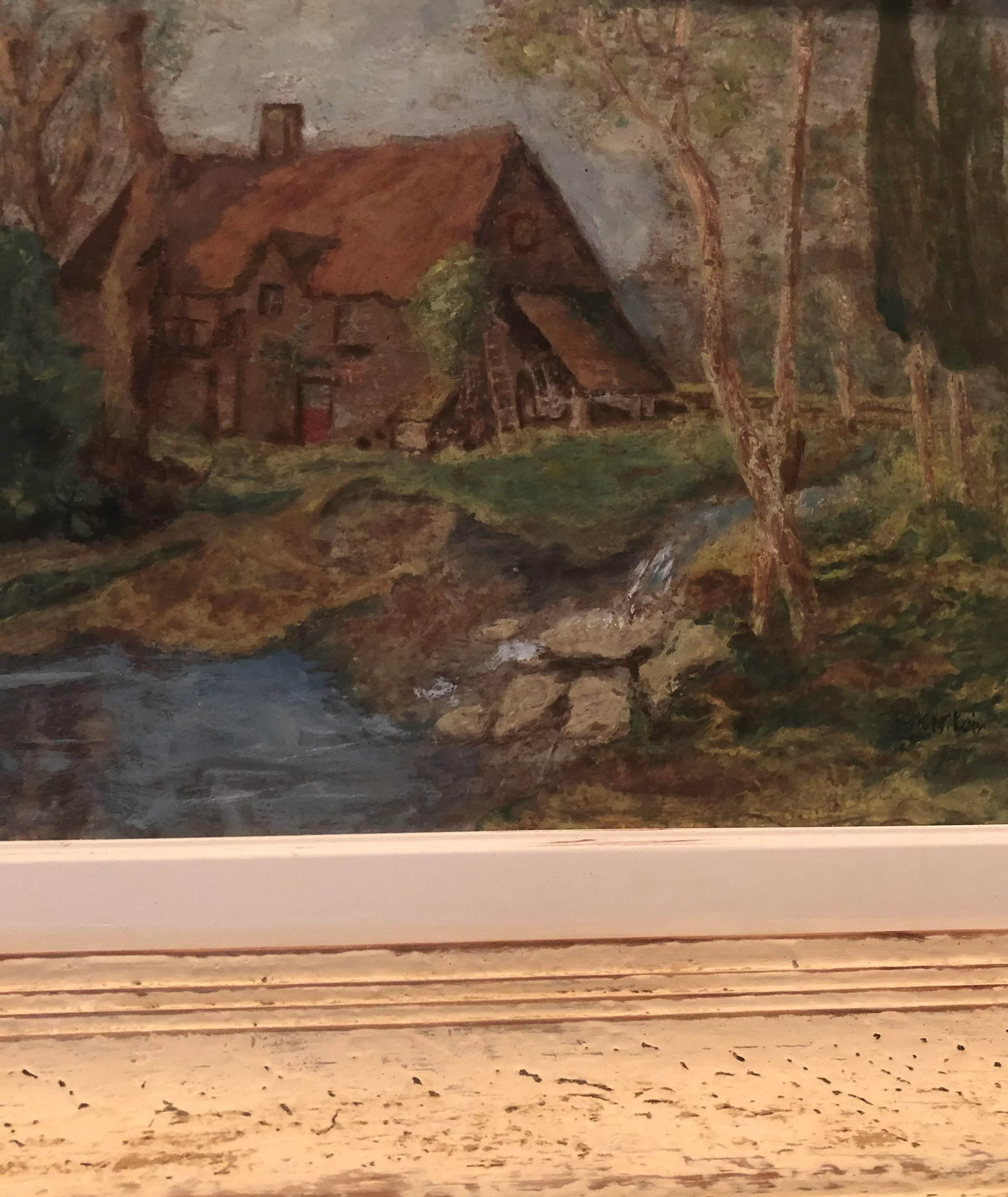 Vintage French Oil Painting Landscape Thatched Roof Cottage - 4