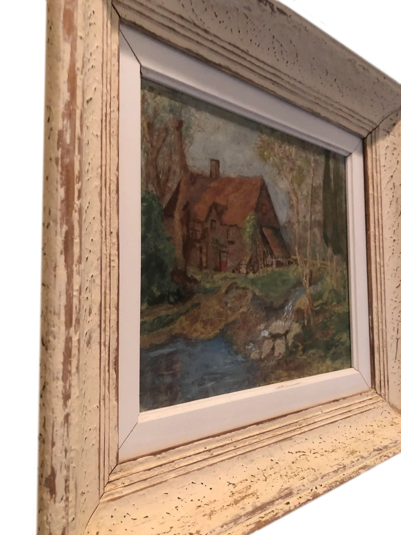 Vintage French Oil Painting Landscape Thatched Roof Cottage - 5