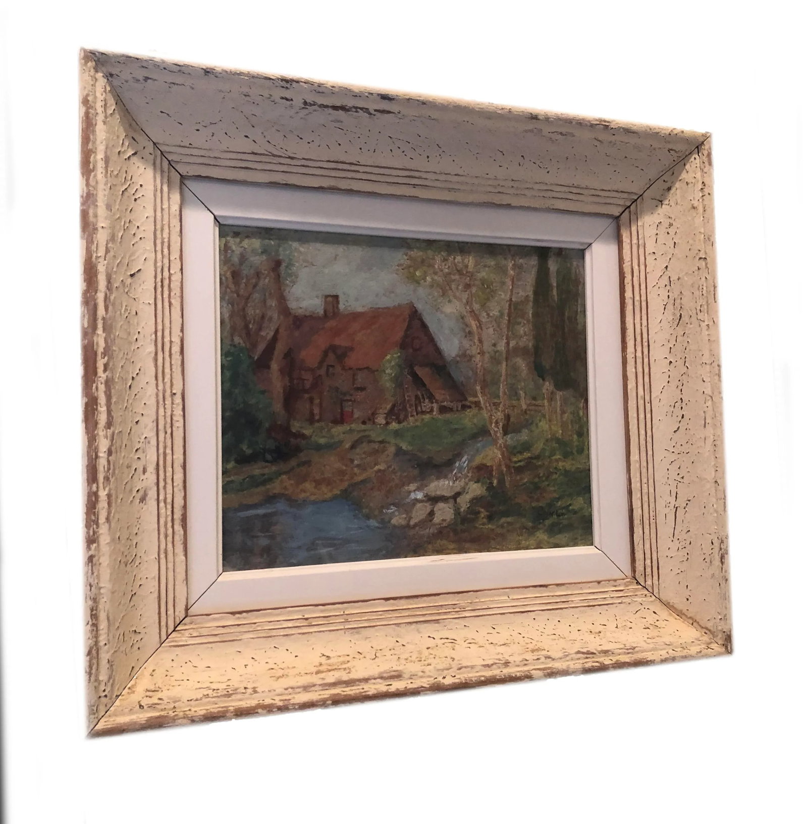 Vintage French Oil Painting Landscape Thatched Roof Cottage - 7