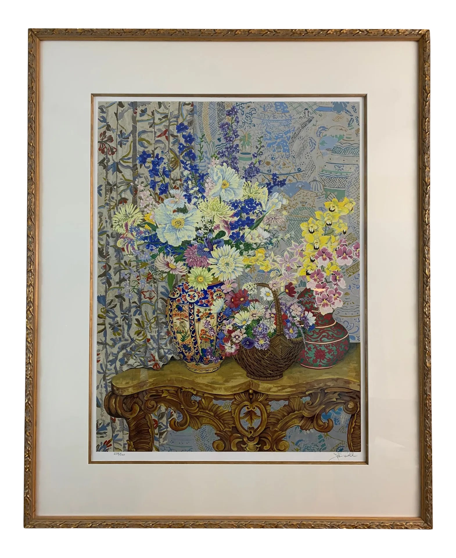 Limited Edition Serigraph Still Life by John Powell: Magnificent classic John Powell still life of flower arrangements in meticulously detailed vases on a pretty French console. Serigraph on paper, Limited Edition 238/300, signed lower right Matted and