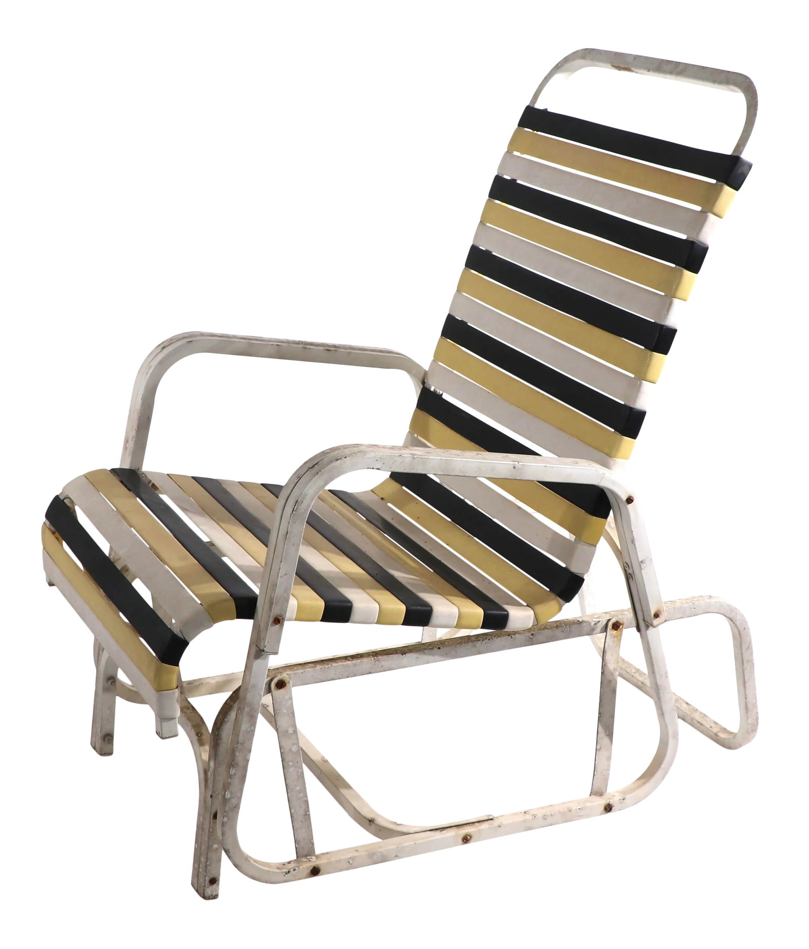 Vintage Patio Poolside Glider Chair in the Style of Brown Jordan: Interesting glider style lounge chair, in the style of Brown Jordan circa 1970's. The base has a stationary bottom, attached to which is the upper section of the frame that swings back and forth on