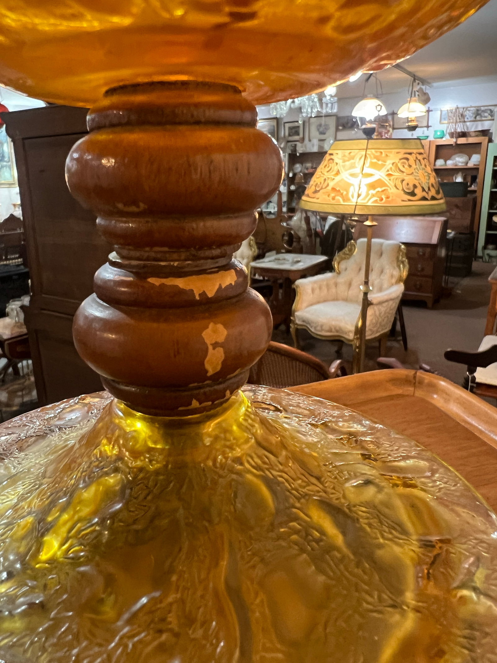 Pair Mid Century Modern Amber Articulated Brass and Wood Table Lamp - 11
