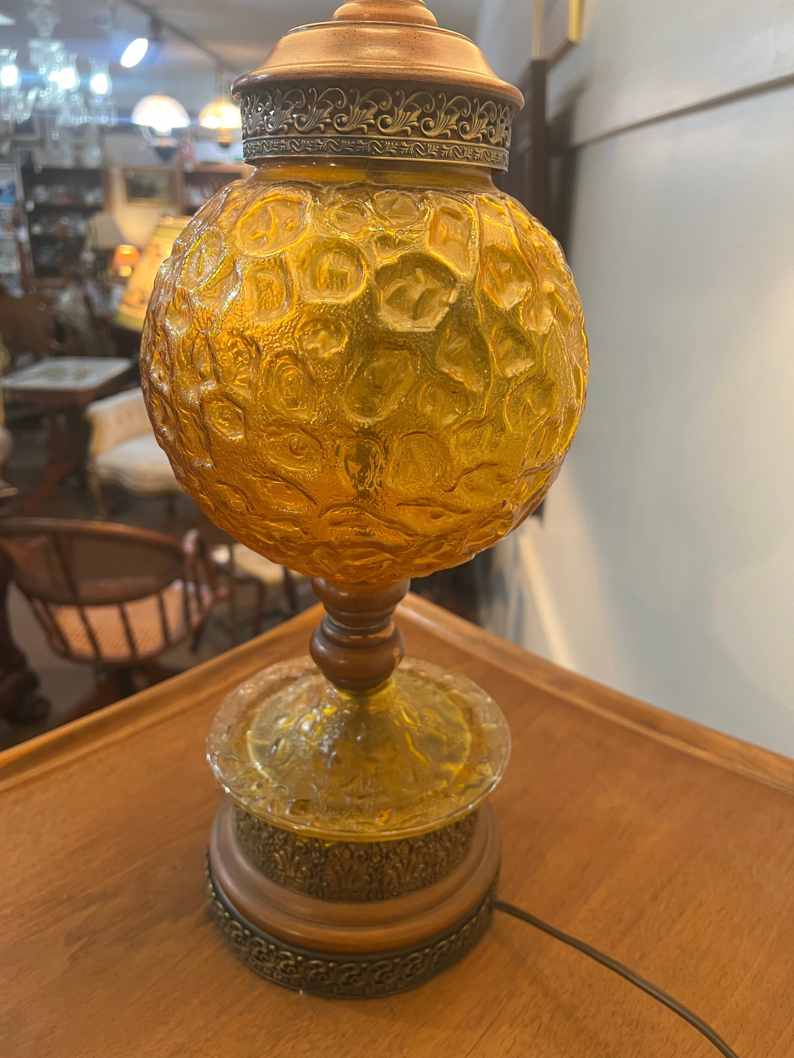Pair Mid Century Modern Amber Articulated Brass and Wood Table Lamp - 12