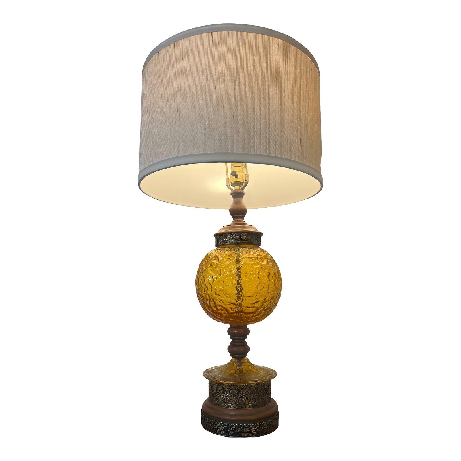 Pair Mid Century Modern Amber Articulated Brass and Wood Table Lamp: Gorgeous Amber textured glass globe with dish base layered with articulated brass and wood accents. The glowing colors are warm and soothing. Lamp is in good working condition. Condition: Alterations:
