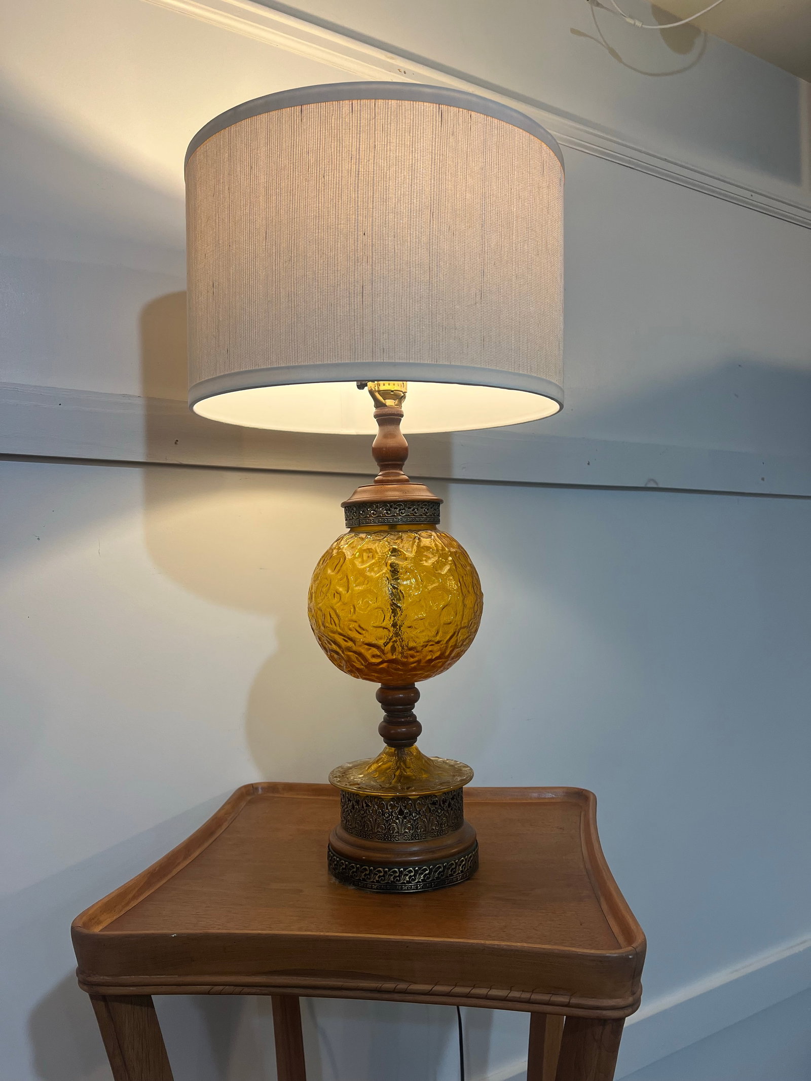 Pair Mid Century Modern Amber Articulated Brass and Wood Table Lamp - 2