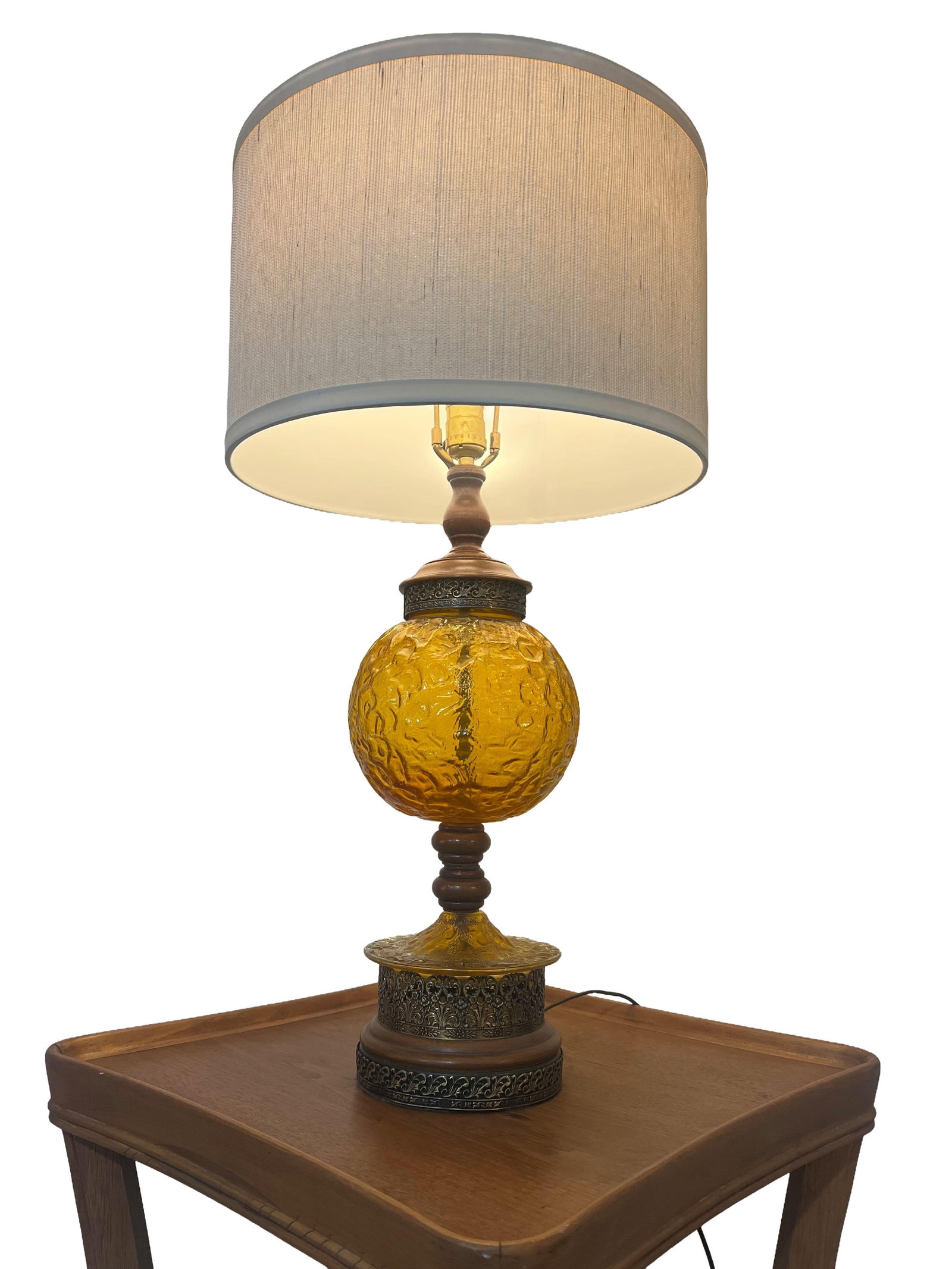 Pair Mid Century Modern Amber Articulated Brass and Wood Table Lamp - 3