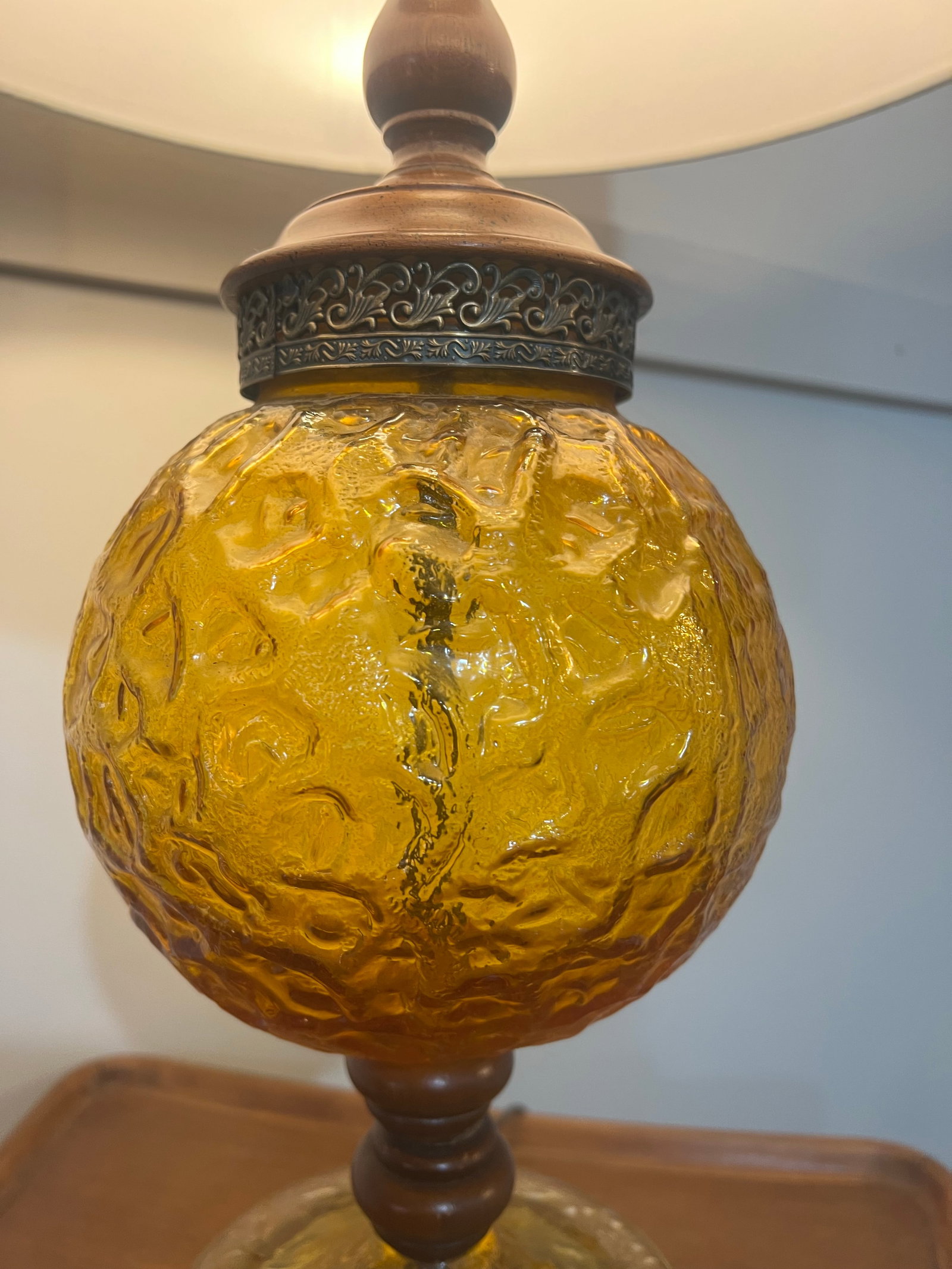 Pair Mid Century Modern Amber Articulated Brass and Wood Table Lamp - 5