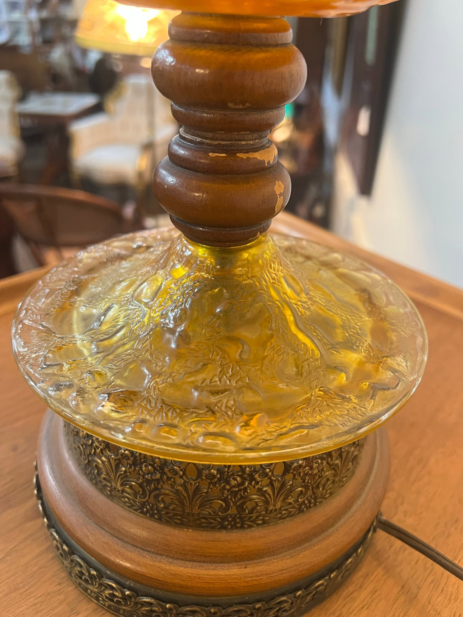 Pair Mid Century Modern Amber Articulated Brass and Wood Table Lamp - 7