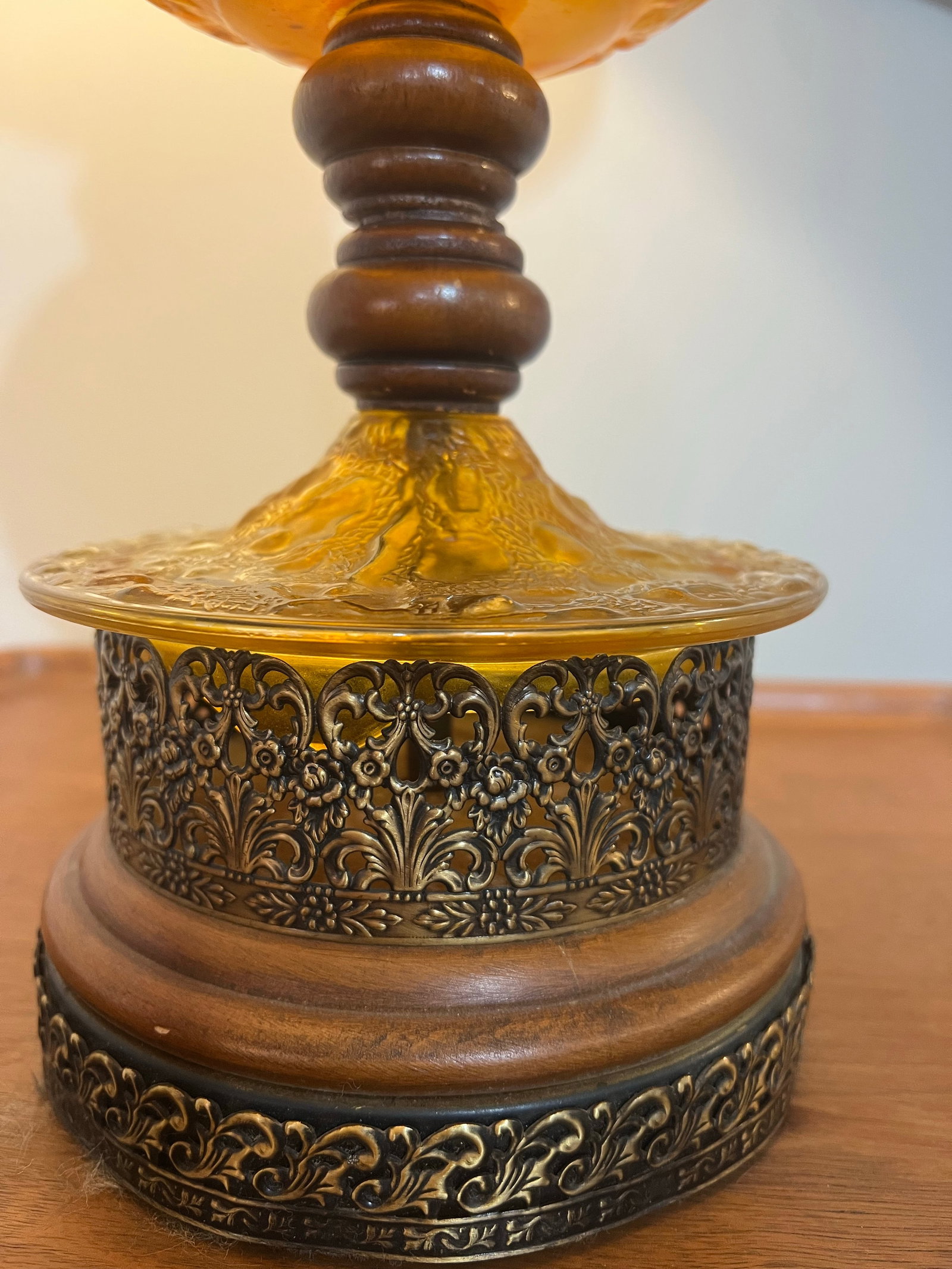 Pair Mid Century Modern Amber Articulated Brass and Wood Table Lamp - 8