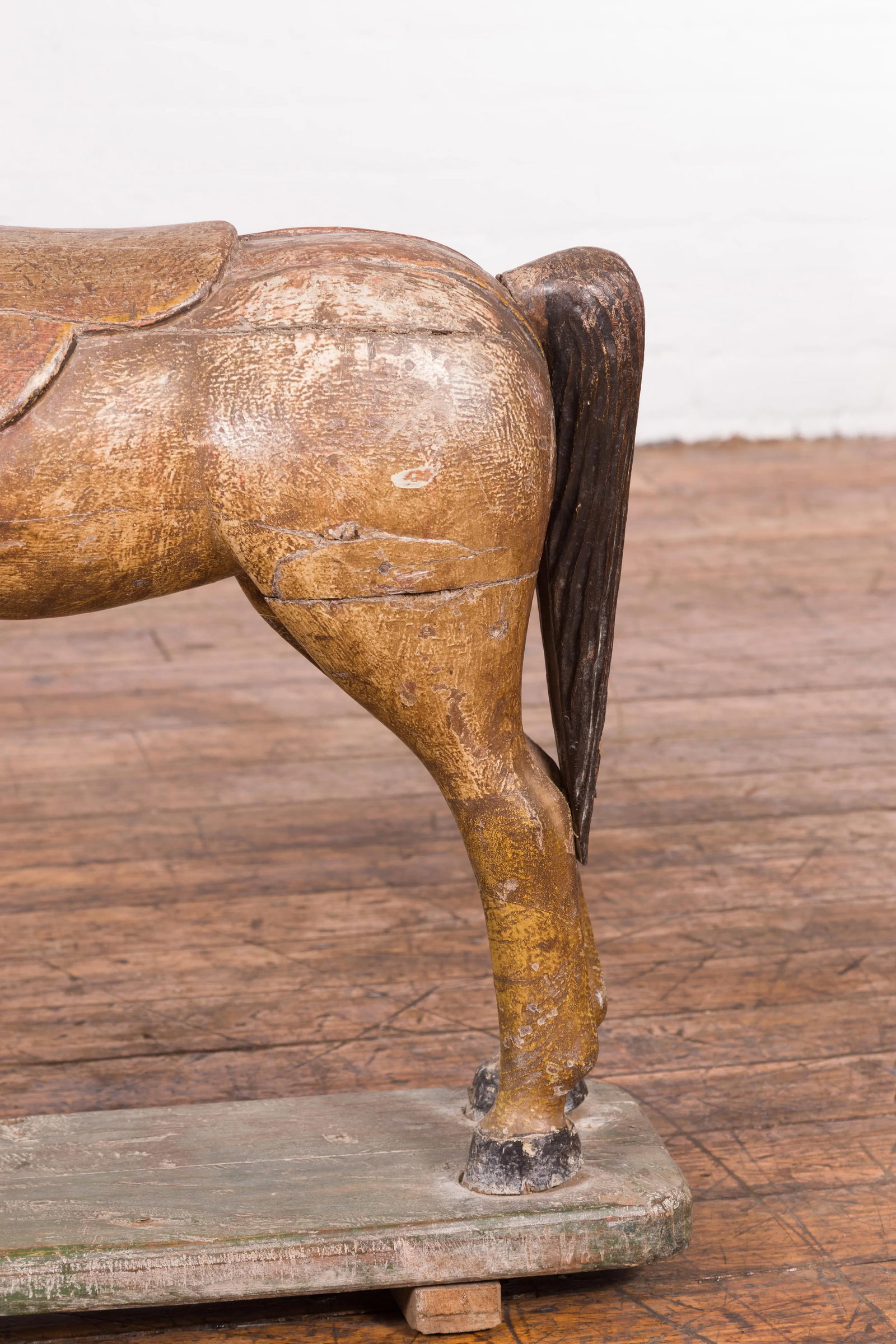 Antique Indian Multicolor Hand-Carved Wooden Mogul Horse on Rectangular Base - 10
