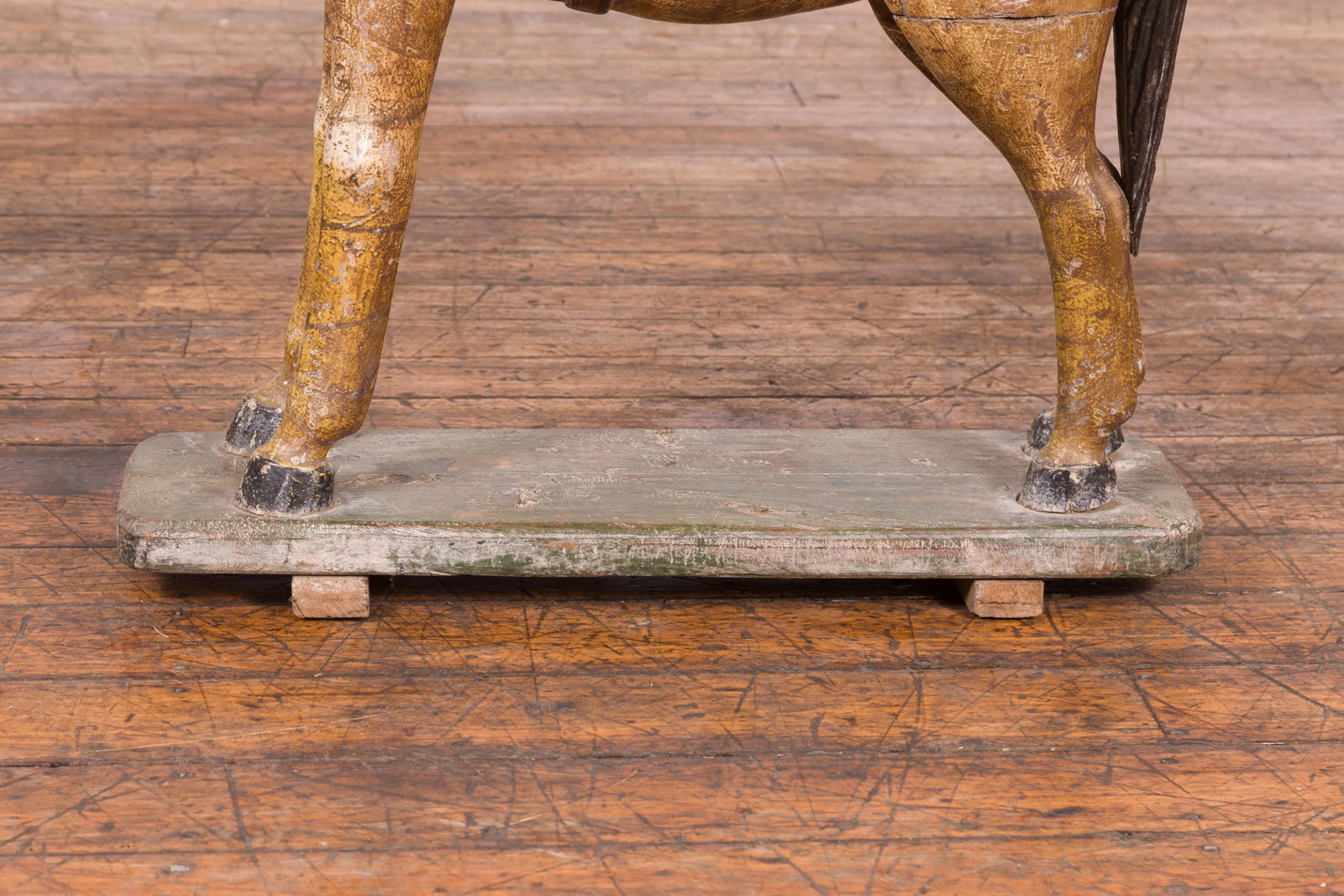 Antique Indian Multicolor Hand-Carved Wooden Mogul Horse on Rectangular Base - 12