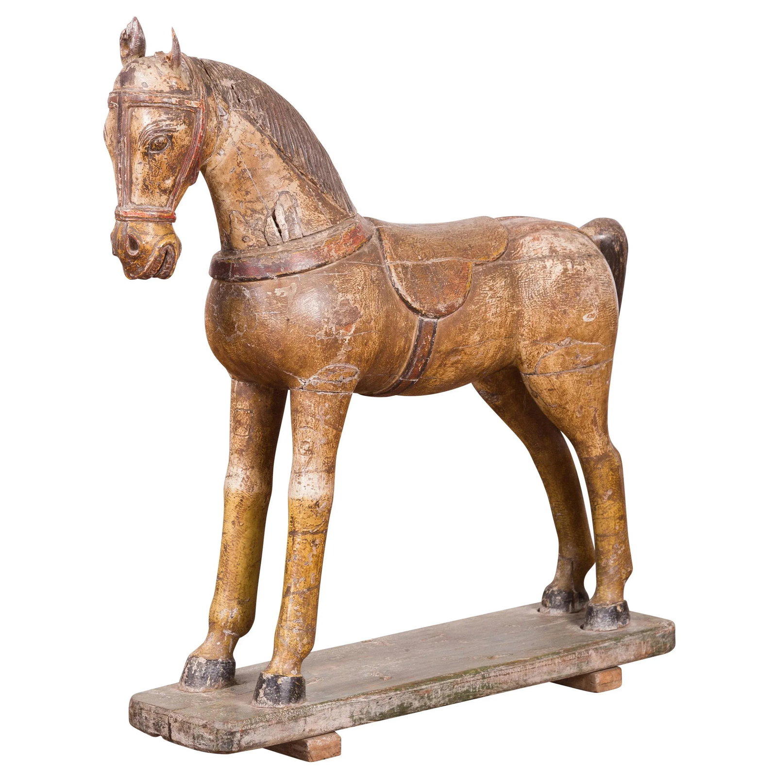 Antique Indian Multicolor Hand-Carved Wooden Mogul Horse on Rectangular Base - 13