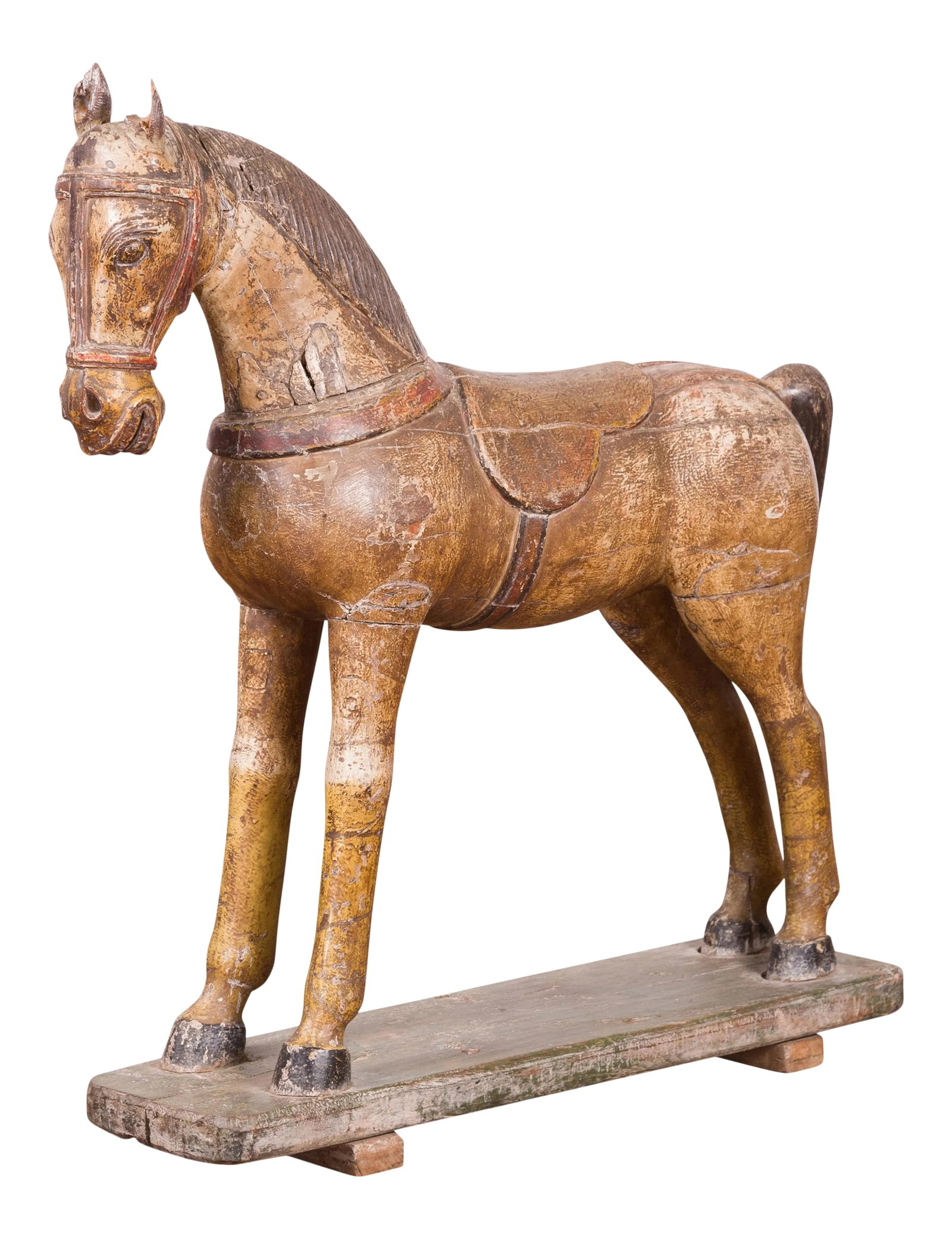 Antique Indian Multicolor Hand-Carved Wooden Mogul Horse on Rectangular Base: An antique Indian hand-carved multicolor wooden Mogul horse from the 20th century, with unusual color patina. Carved in India during the 20th century, this Mogul wooden horse charms us with its archai