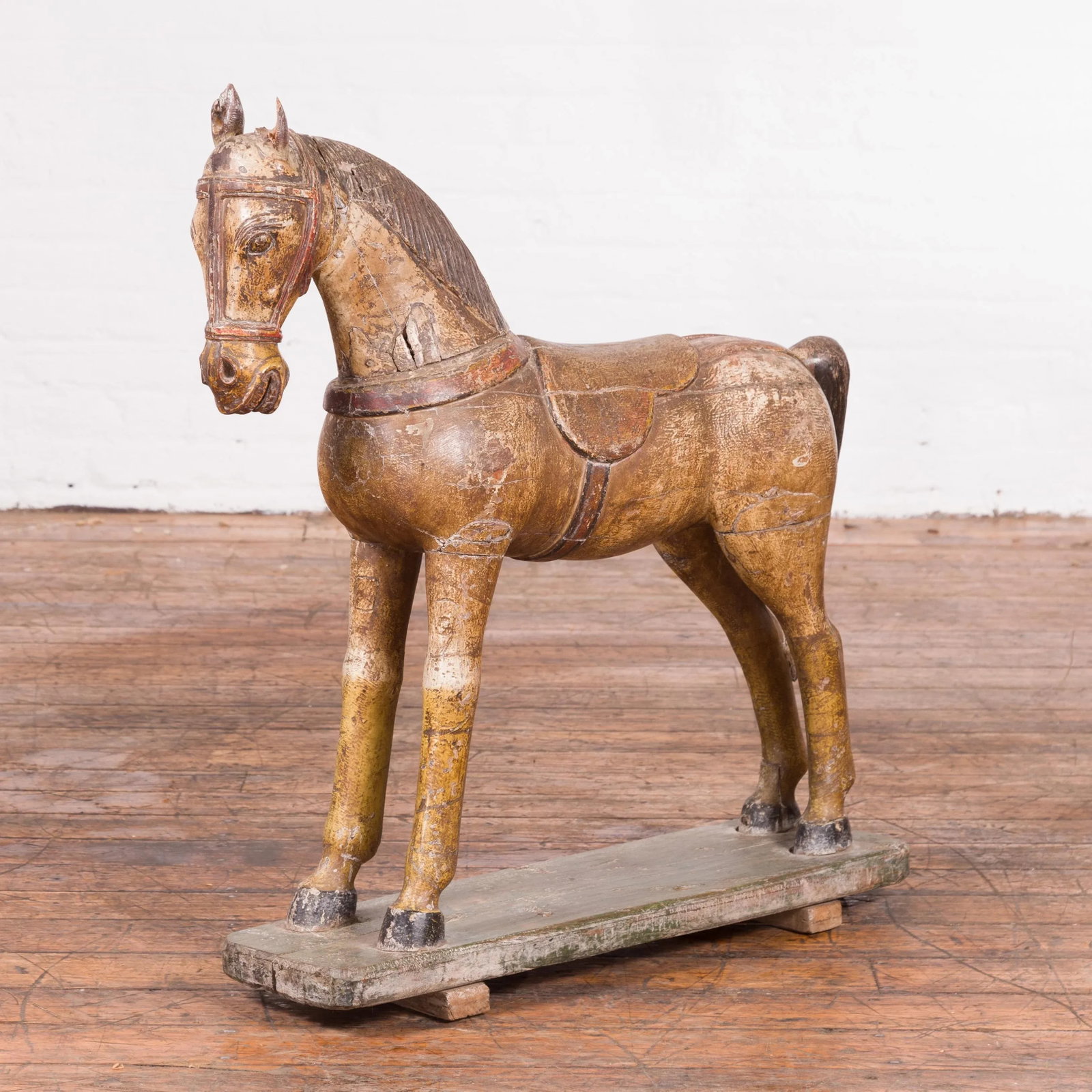 Antique Indian Multicolor Hand-Carved Wooden Mogul Horse on Rectangular Base - 2