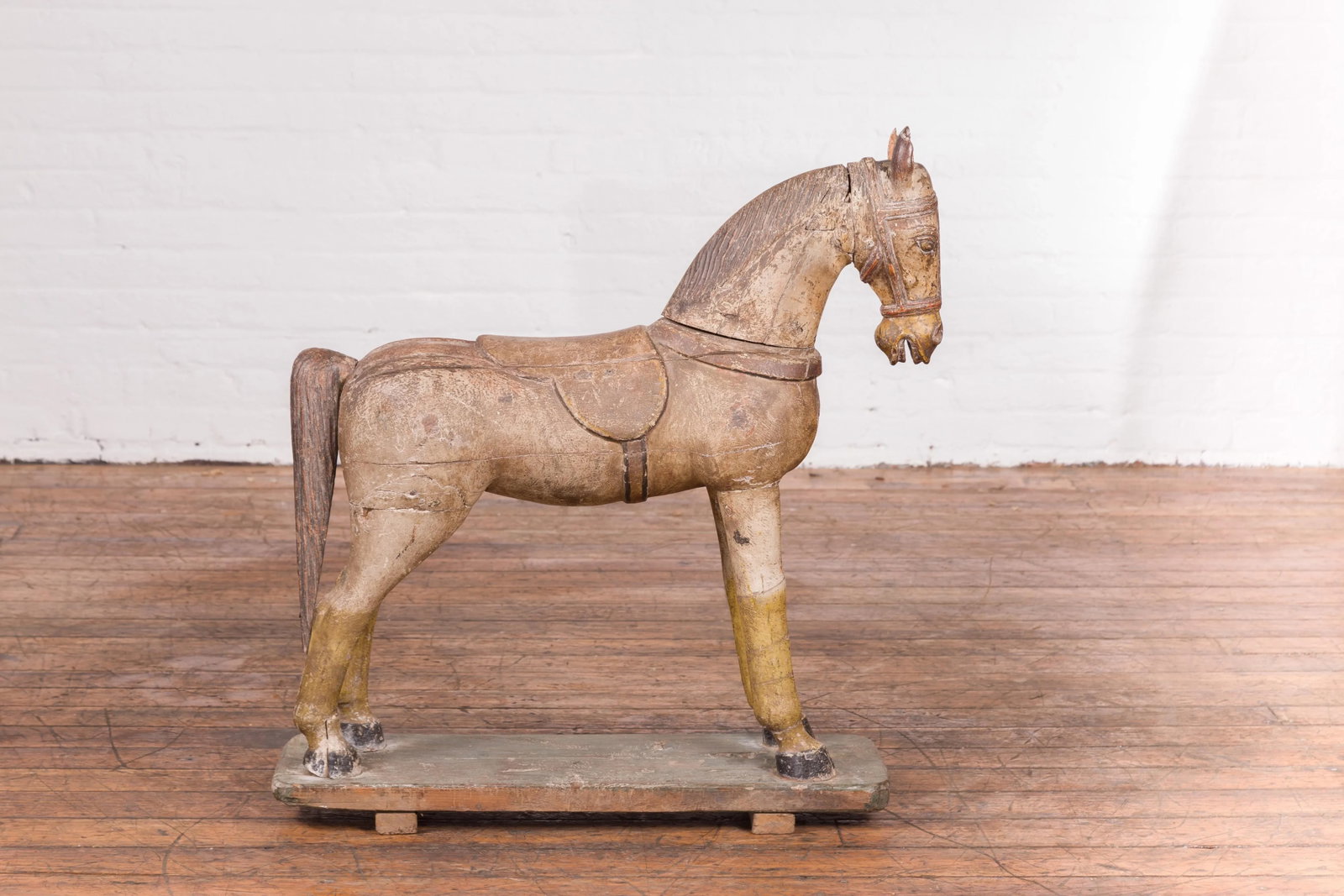 Antique Indian Multicolor Hand-Carved Wooden Mogul Horse on Rectangular Base - 3