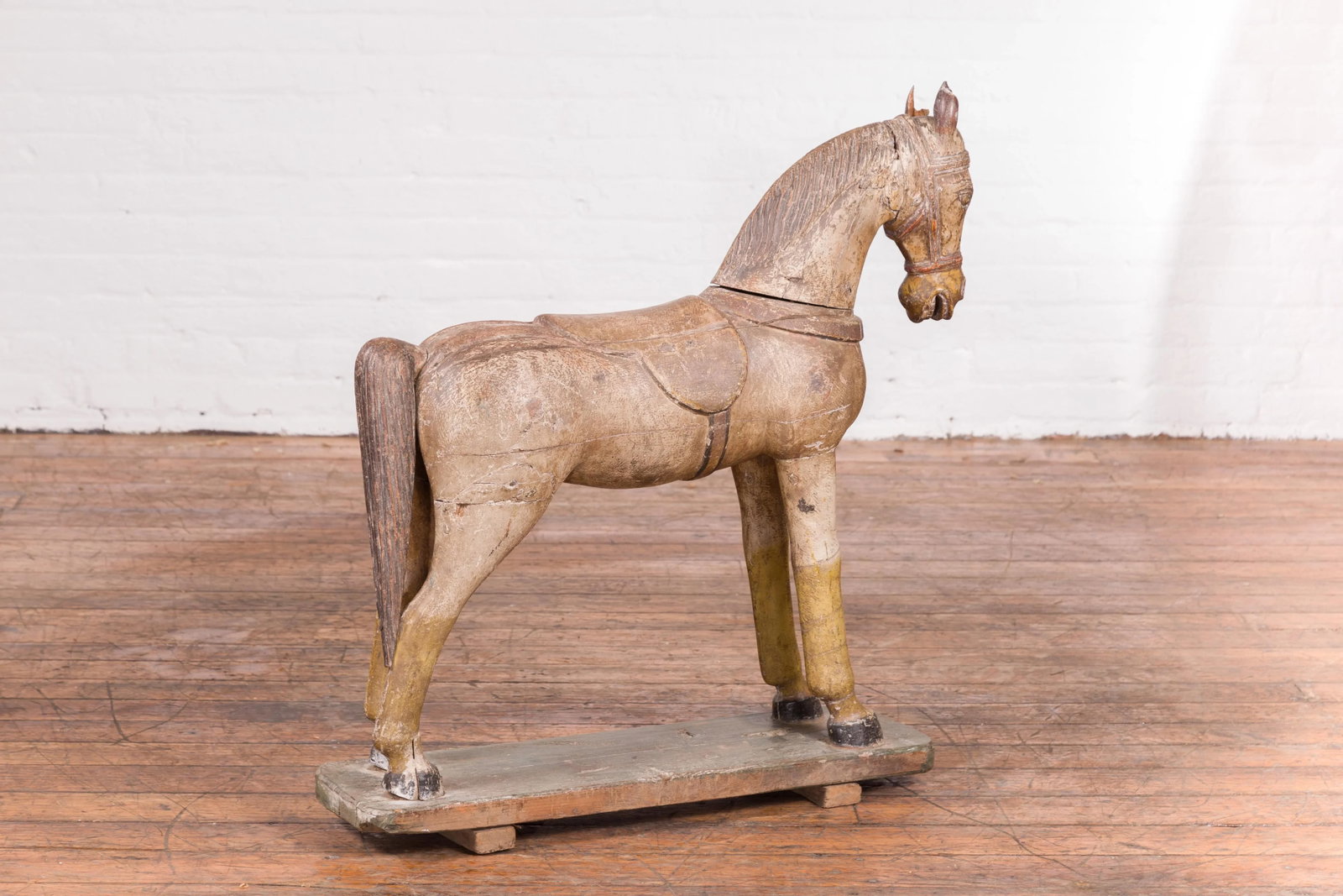 Antique Indian Multicolor Hand-Carved Wooden Mogul Horse on Rectangular Base - 4