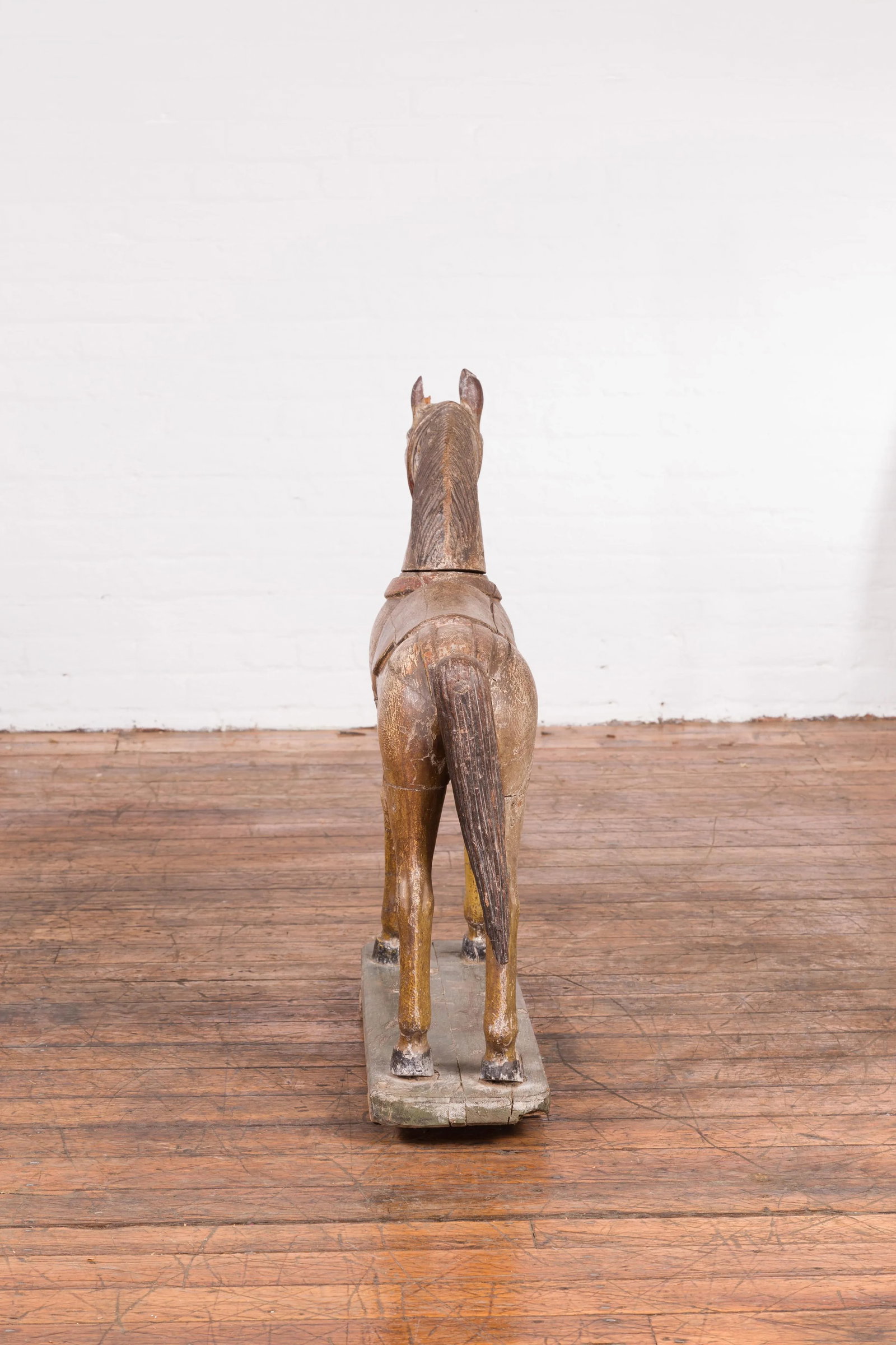 Antique Indian Multicolor Hand-Carved Wooden Mogul Horse on Rectangular Base - 5