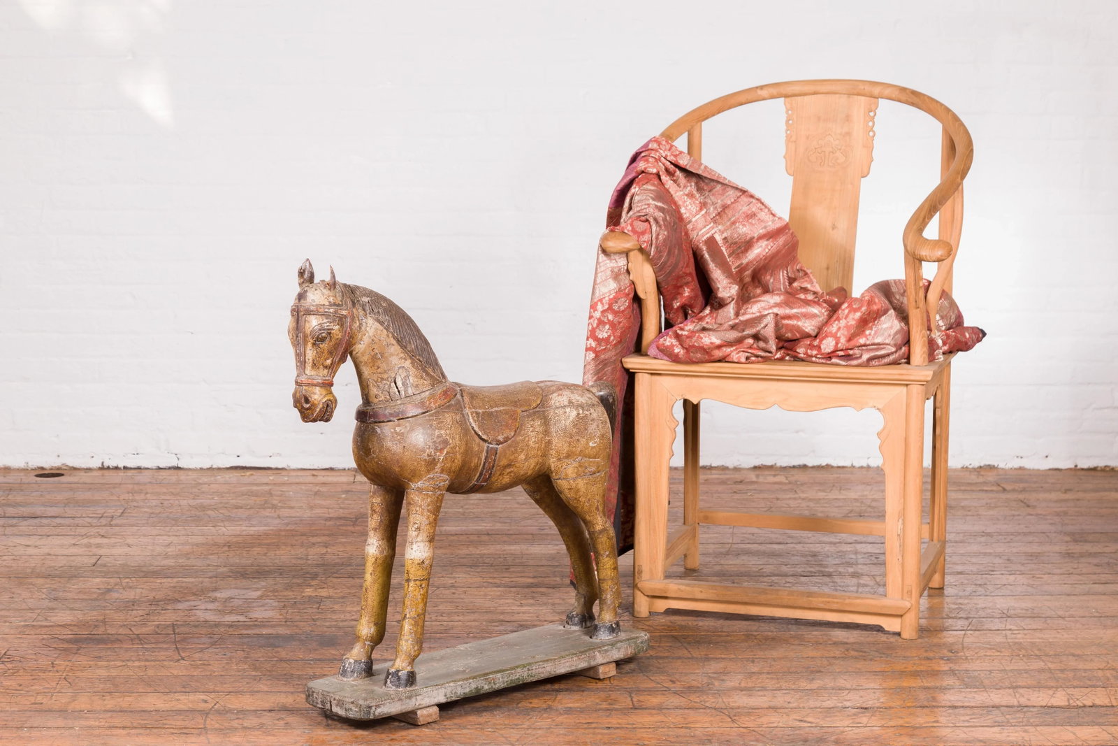 Antique Indian Multicolor Hand-Carved Wooden Mogul Horse on Rectangular Base - 6