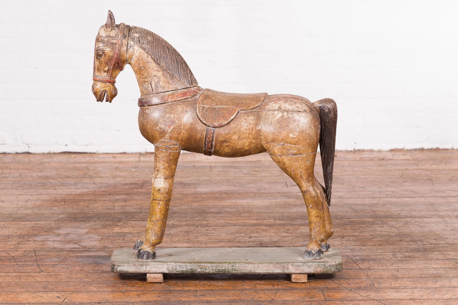 Antique Indian Multicolor Hand-Carved Wooden Mogul Horse on Rectangular Base - 7