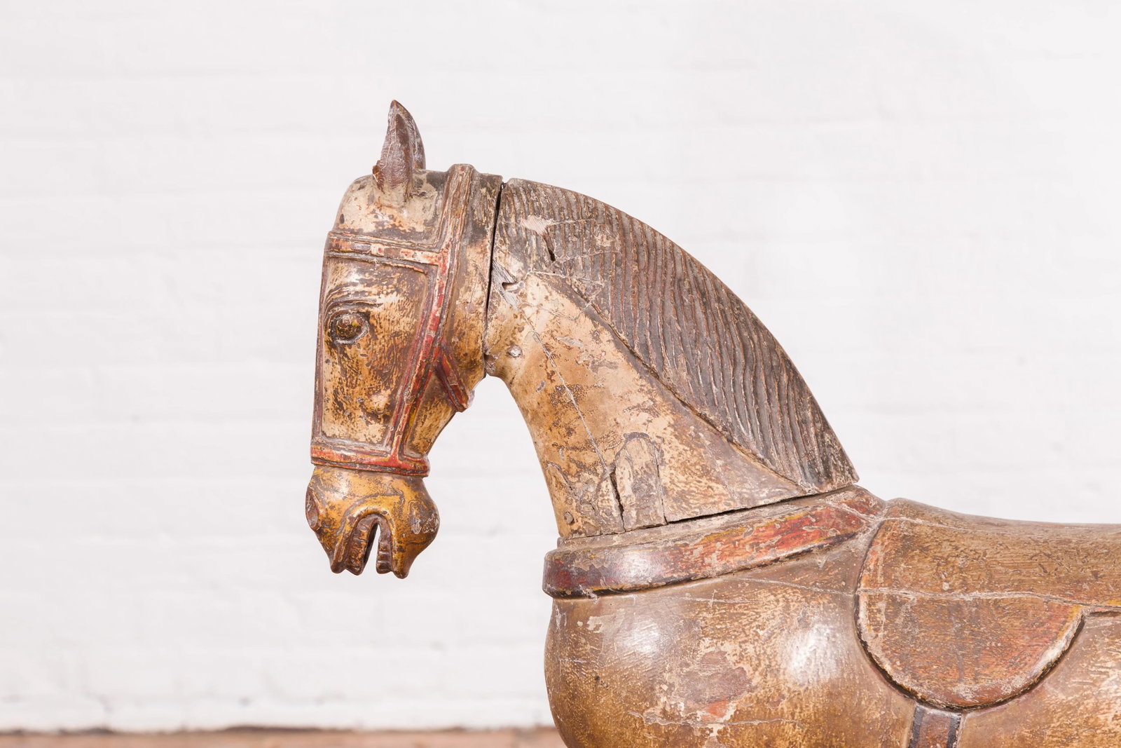 Antique Indian Multicolor Hand-Carved Wooden Mogul Horse on Rectangular Base - 8