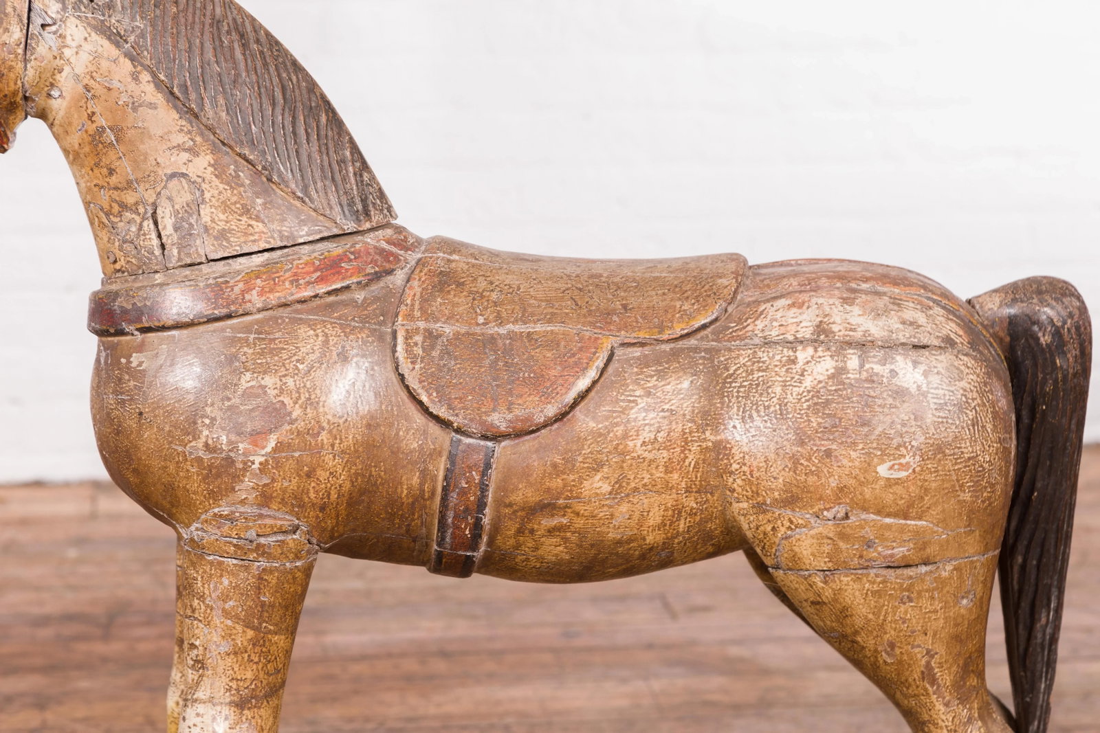 Antique Indian Multicolor Hand-Carved Wooden Mogul Horse on Rectangular Base - 9