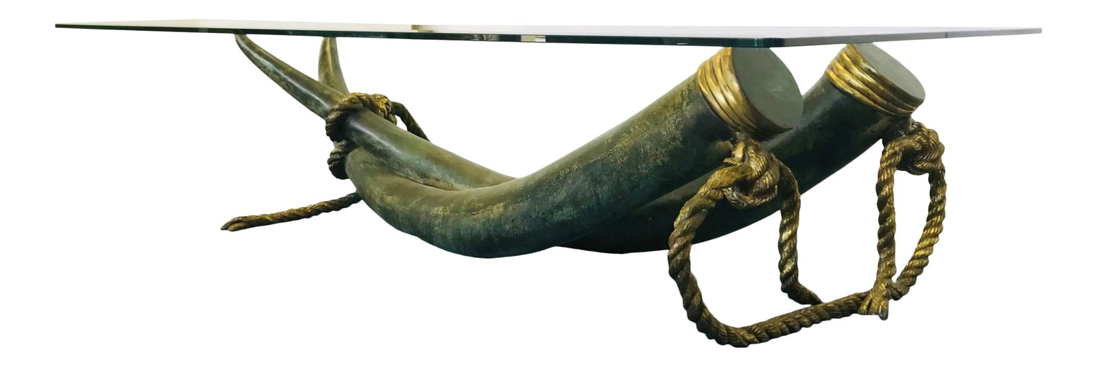 1970's Monumental Italo Valenti Bronze and Brass Elephant Tusk Cocktail Table With Glass Top: This gorgeous cocktail table really makes a statement! It is an Italo Valenti original designed in the 1970's, and made of heavy cast bronze. It's designed to look like elephant tusks wrapped in