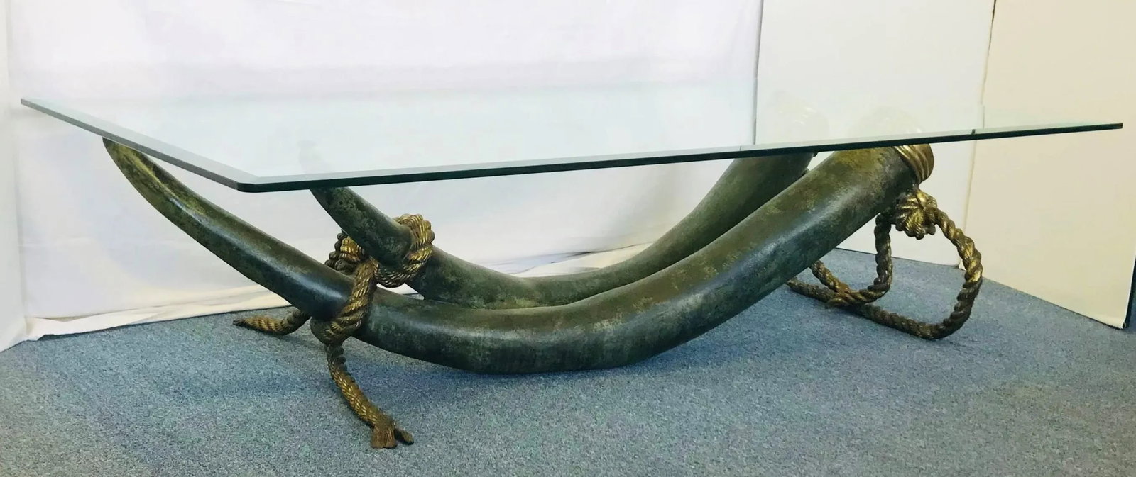 1970's Monumental Italo Valenti Bronze and Brass Elephant Tusk Cocktail Table With Glass Top - 2