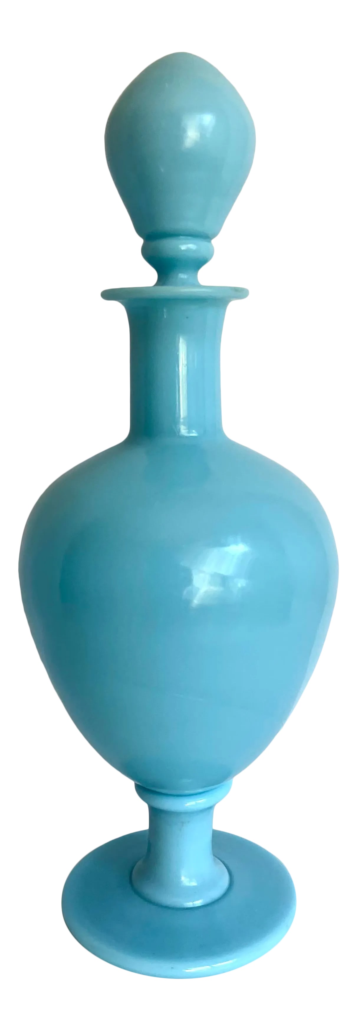 Antique Portieux Vallerysthal French Blue Opaline Glass Decanter: Here is a STUNNER of a piece from the early 1900's made by Portieux Vallerysthal in hand-blown opaline blue glass. Please note the incredible shape of this decanter - it's a genie's dream! It is curvy