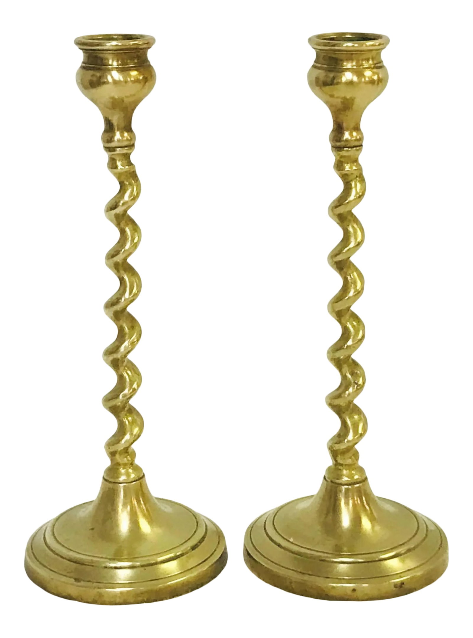 19th Century English Brass Barley Twist Candlesticks- a Pair: Pretty pair of 19th Century English brass candlesticks. These are made of heavy brass with a stylish barley twist pattern. There is an overall slight patina from age, but could be polished if