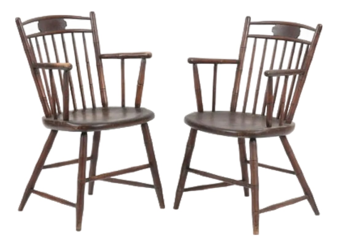Antique Birdcage Windsor Chairs, a Near Pair: Step back in time and add a touch of authentic American history to your home with these exquisite antique American Birdcage Windsor Armchairs * Timeless Design: Circa early 19th century (1800-1830s),