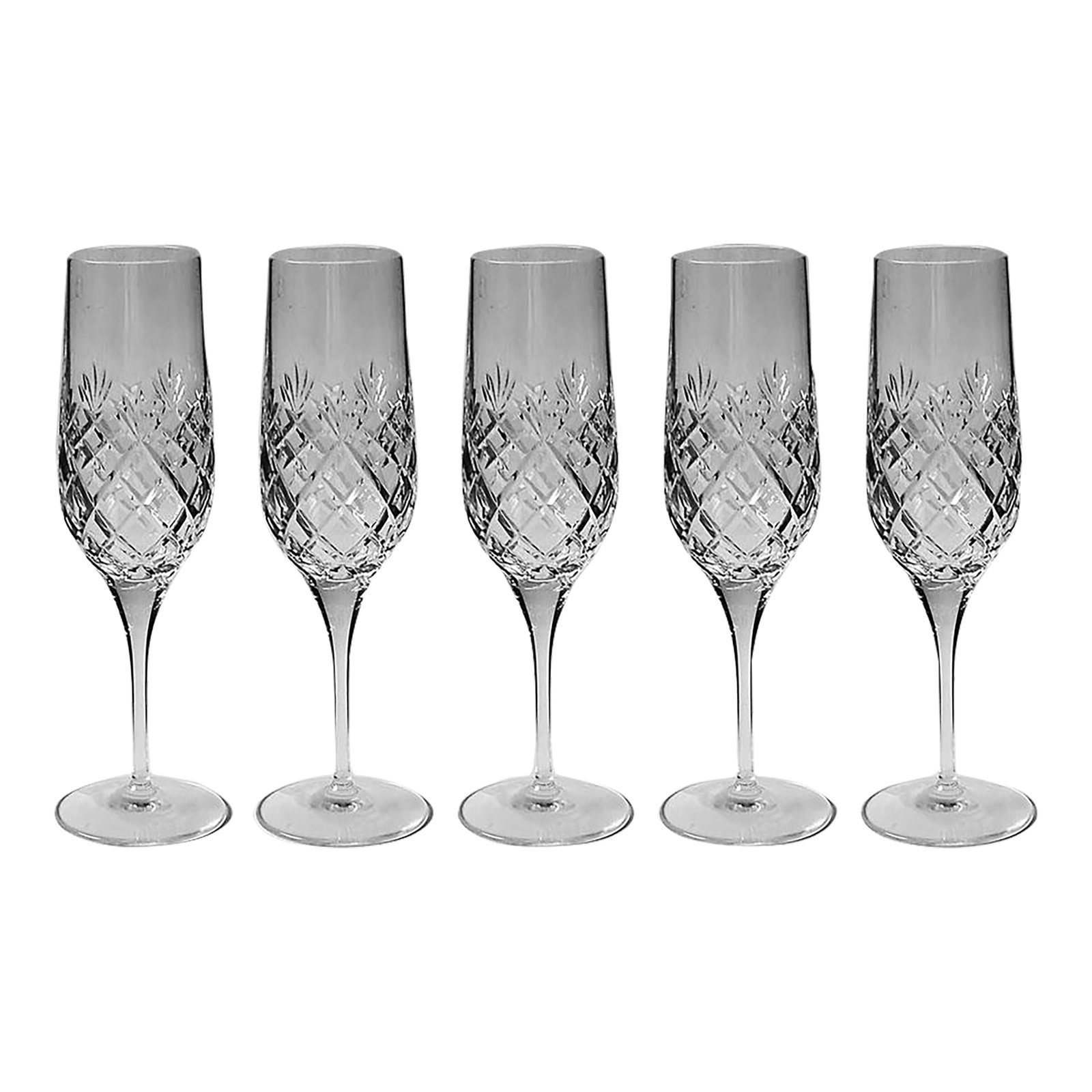 Royal Doulton Champagne Flutes Arden Pattern - Set of 5: Set of 5 Royal Doulton blown glass champagne flutes. Maker's name etched on stem. 8 1/2" high x 2" opening Condition: Alterations: Original Condition Unaltered Imperfections: Some Imperfections