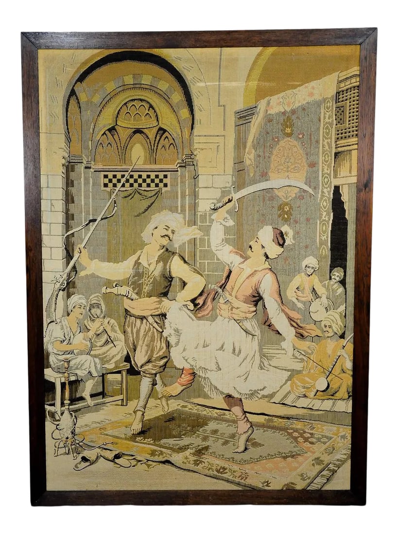 Gobelin With Dancing Turkish Dervishes, Ca. 1900: Very Large Gobelin with Dancing Turkish Dervishes, ca. 1900 A large gobelin with Turkish dervishes dancing the sabre danc. It is framed in oakwood, Germany ca. 1900. Measures: Width: 53.54" (136 cm)