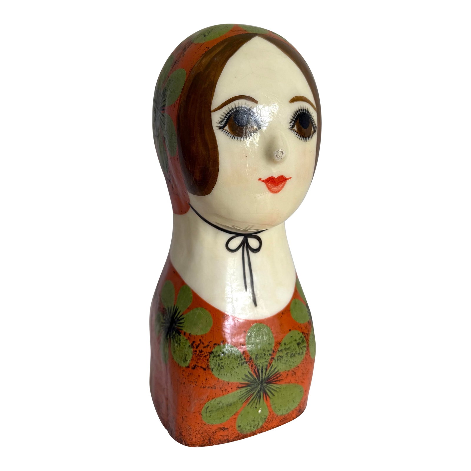Vintage Gemma Taccogna Mexican Papier-Mâché Folk Art Female Bust Sculpture: This charming vintage folk art sculpture was created by Mexican artist Gemma Taccogna and is crafted from hand-painted papier-mâché. The stylized female bust features Taccogna's signature
