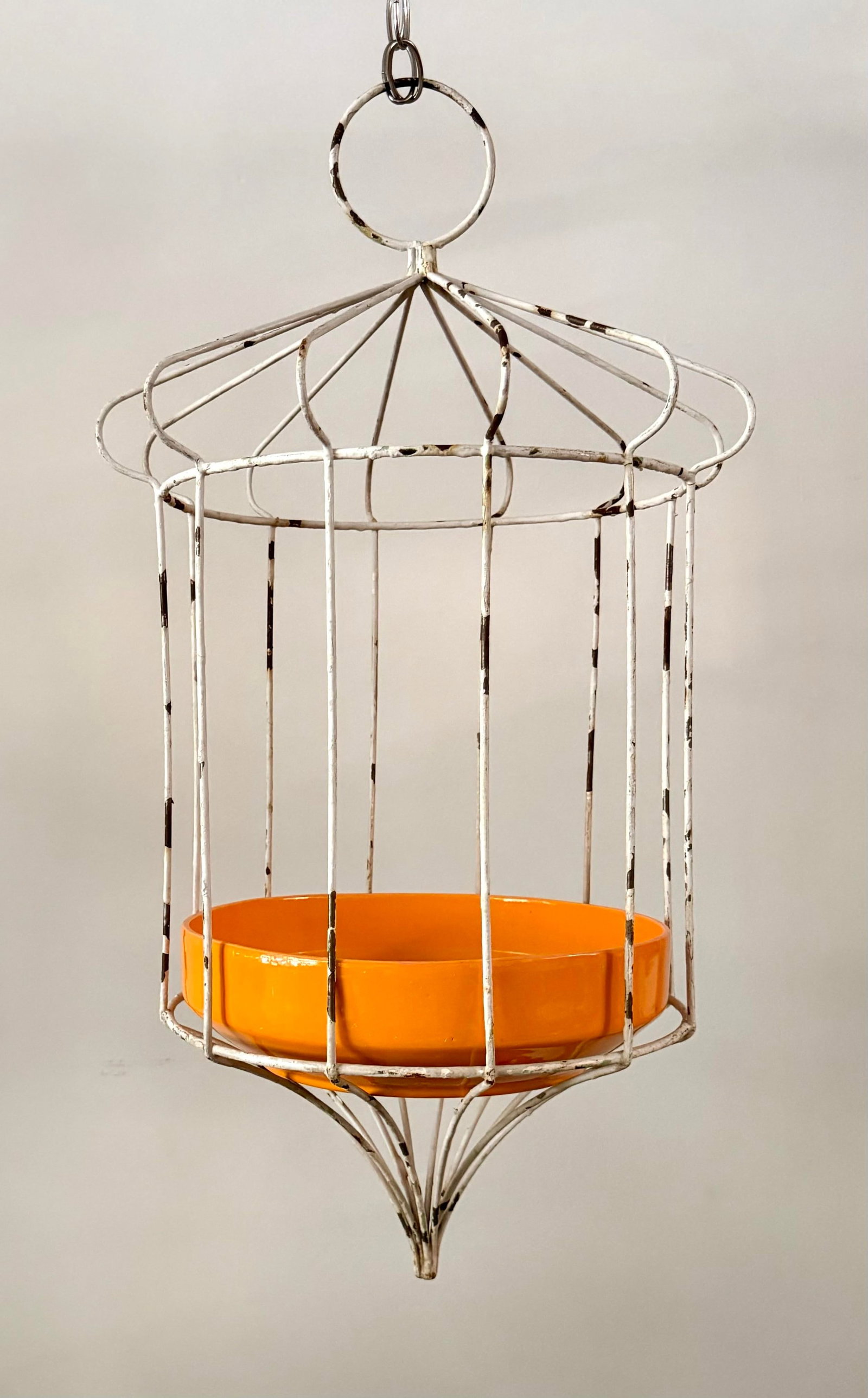 Mid-Century Modern White Wire Hanging Birdcage Plant Stand With Orange Ceramic Planter - 2