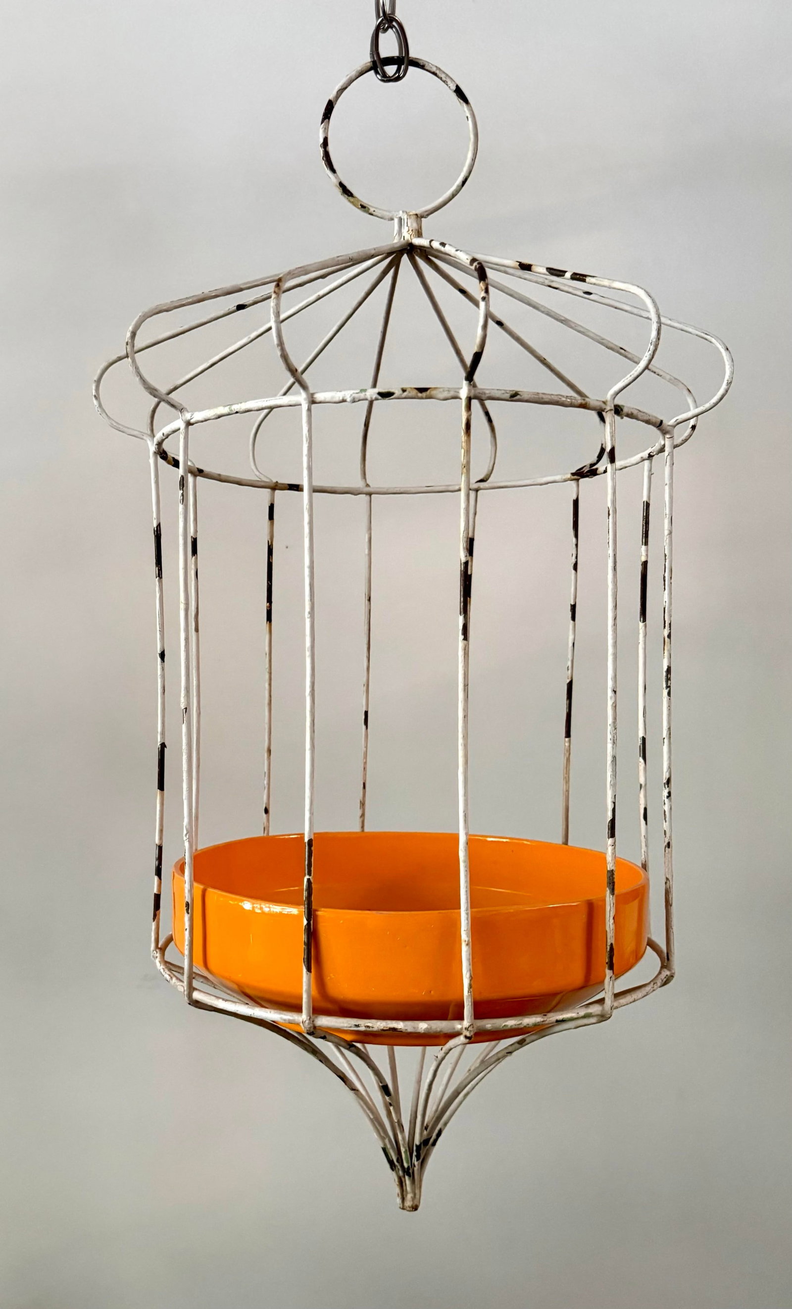 Mid-Century Modern White Wire Hanging Birdcage Plant Stand With Orange Ceramic Planter - 3