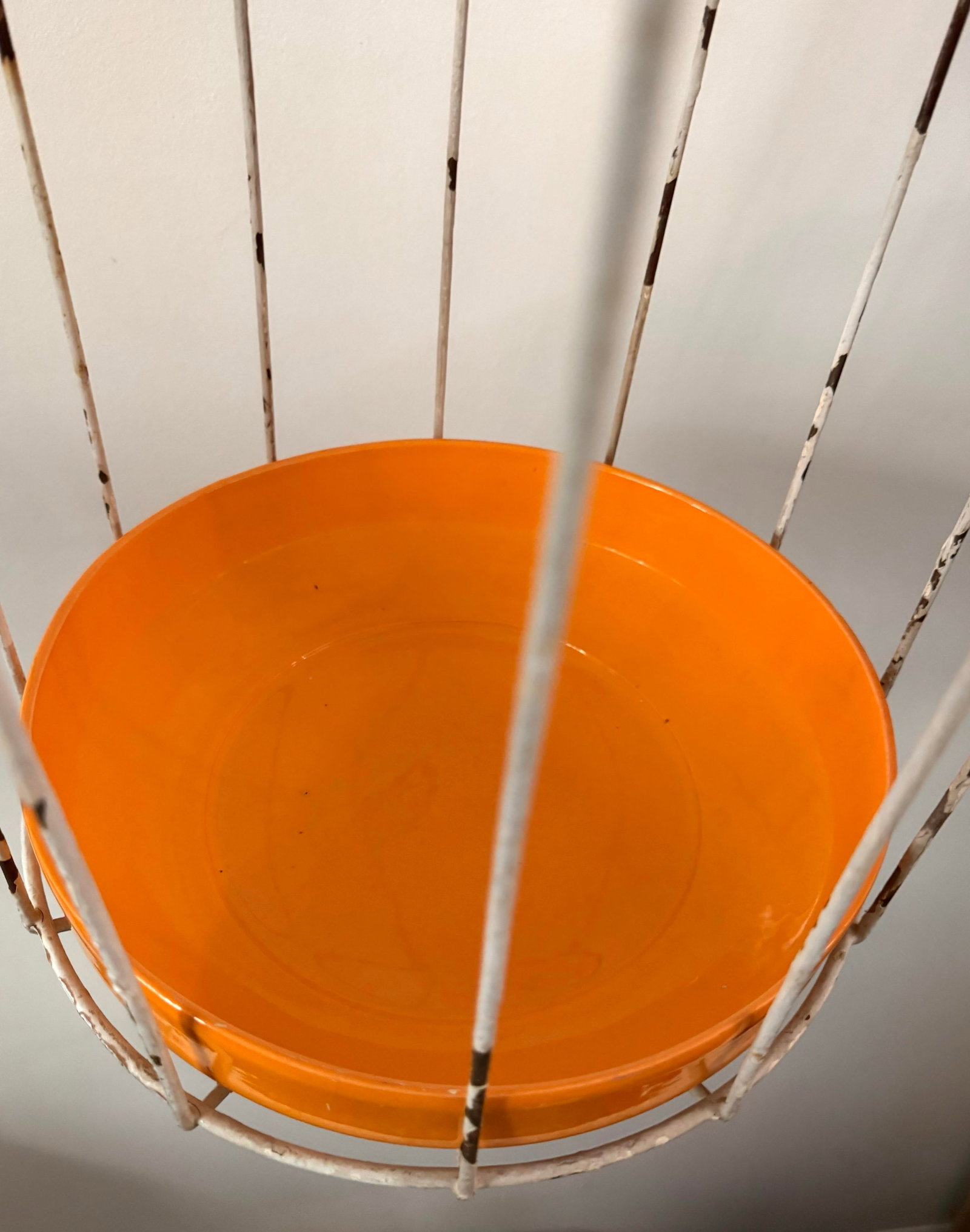 Mid-Century Modern White Wire Hanging Birdcage Plant Stand With Orange Ceramic Planter - 4